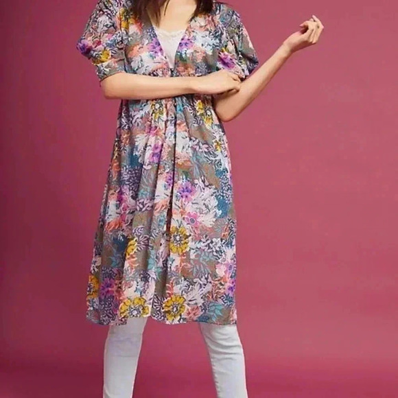 Anthropologie Akemi+Kin Valencia Sheer Multicolor Floral Boho Ruched Sleeves XS - Picture 3 of 16